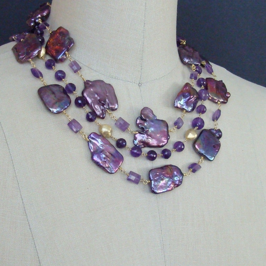 Purple Jumbo Square Pearls Faceted Amethyst Triple Strand Necklace In New Condition In Colleyville, TX