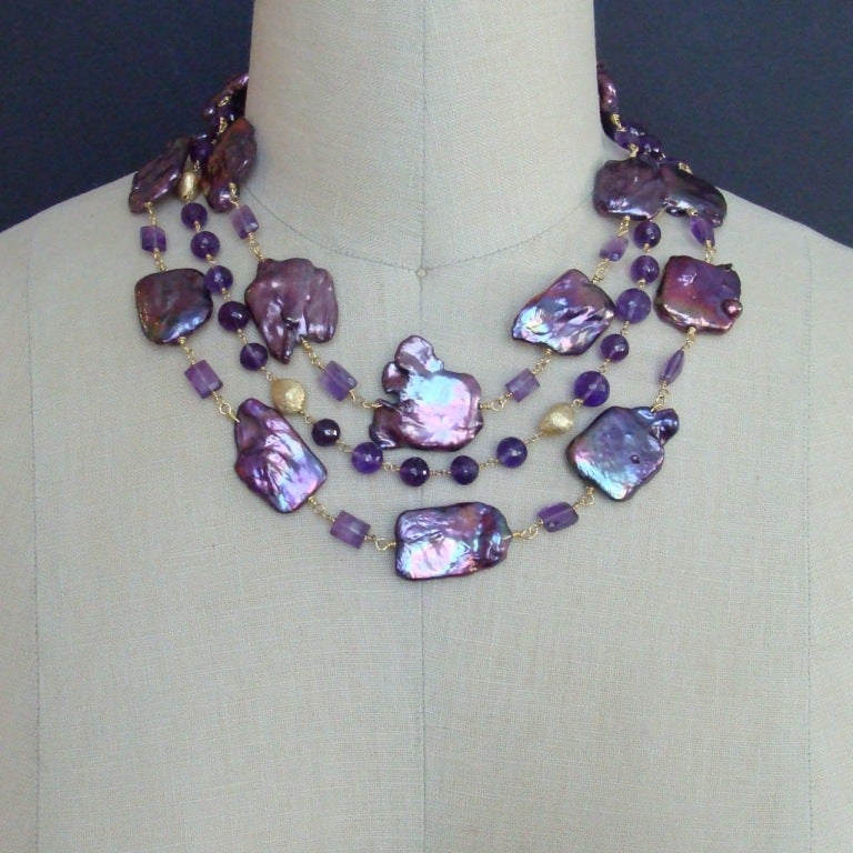 Women's Purple Jumbo Square Pearls Faceted Amethyst Triple Strand Necklace