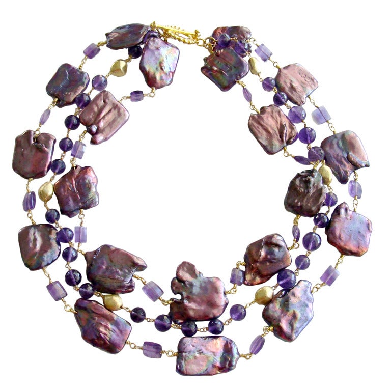 Purple Jumbo Square Pearls Faceted Amethyst Triple Strand Necklace