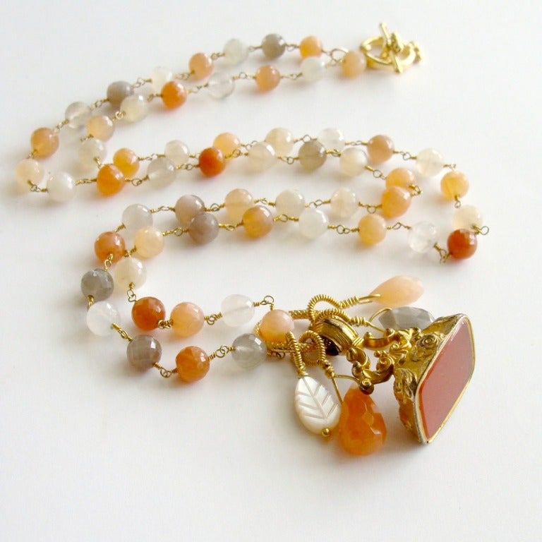Multicolored Moonstone Necklace Antique Gilt Carnelian Fob - Elise III