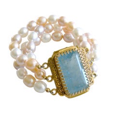 Luxe Aquamarine Clasp Peach Pink Lilac White Pearls Cuff Bracelet - Tricia Bracelet