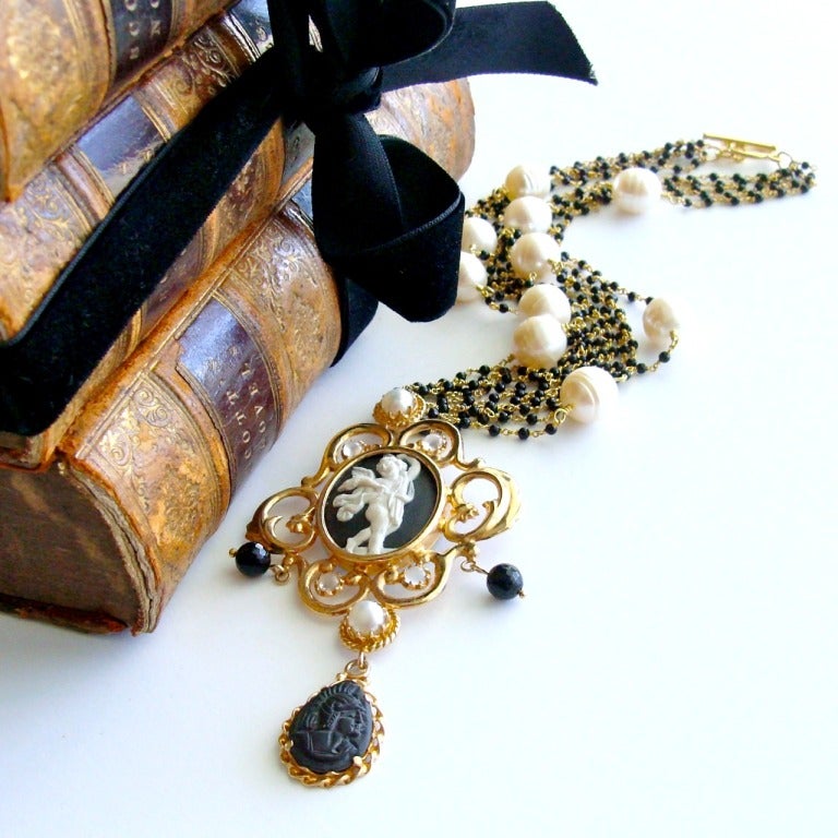 Victorian Black White Venetian Intaglio Angel Cameo Spinel Pearls Torsade Necklace - Angelica Necklace