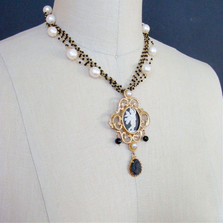 Women's Black White Venetian Intaglio Angel Cameo Spinel Pearls Torsade Necklace - Angelica Necklace