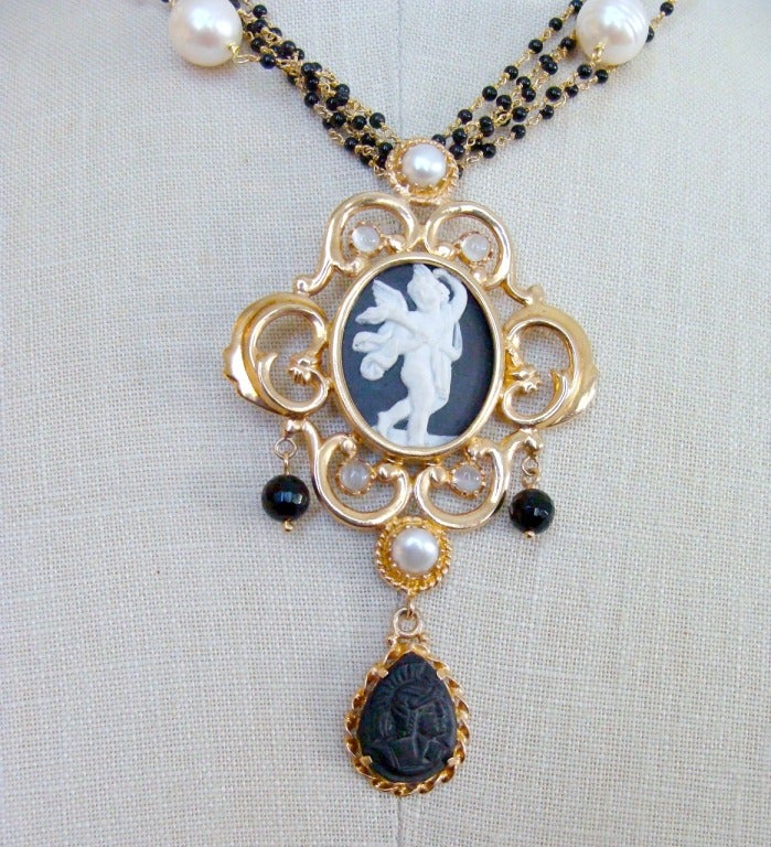 Black White Venetian Intaglio Angel Cameo Spinel Pearls Torsade Necklace - Angelica Necklace 1