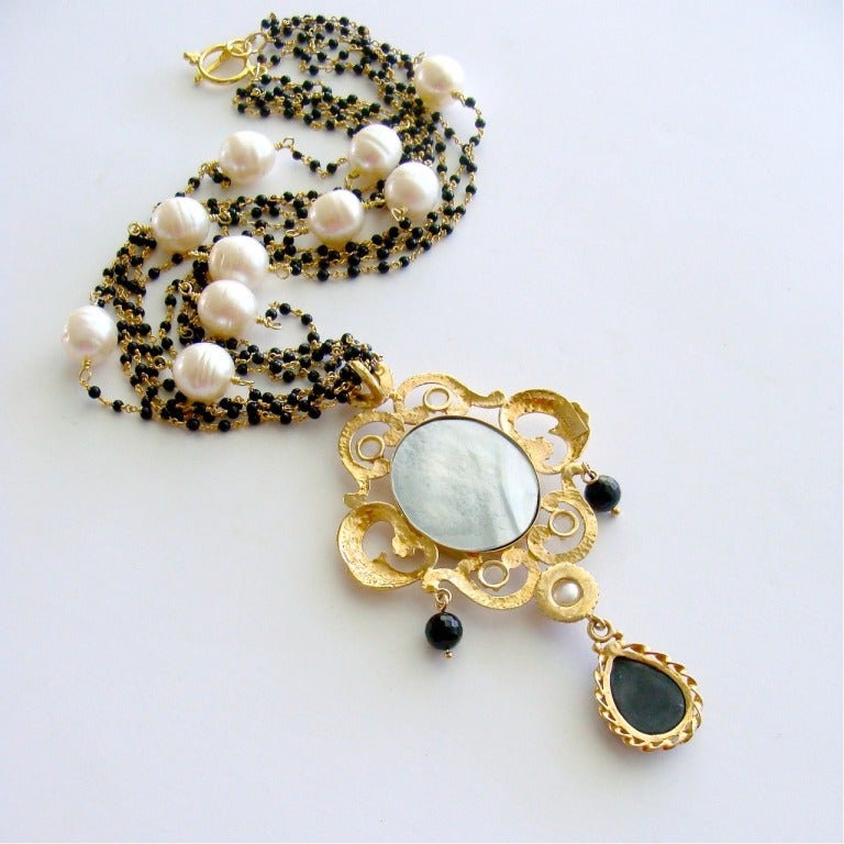 Black White Venetian Intaglio Angel Cameo Spinel Pearls Torsade Necklace - Angelica Necklace 2
