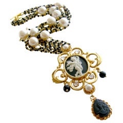 Black White Venetian Intaglio Angel Cameo Spinel Pearls Torsade Necklace - Angelica Necklace