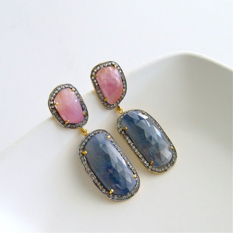 White Topaz Pink Blue Sapphire Slice Tea Earrings