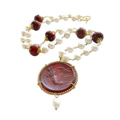 Red Venetian Intaglio Cameo Quartz Pearl Ruby Vittoria Angel Necklace