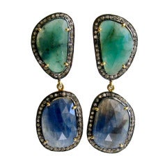 Green Blue Sapphire Slice Diamond Pave Emerson Earrings - 