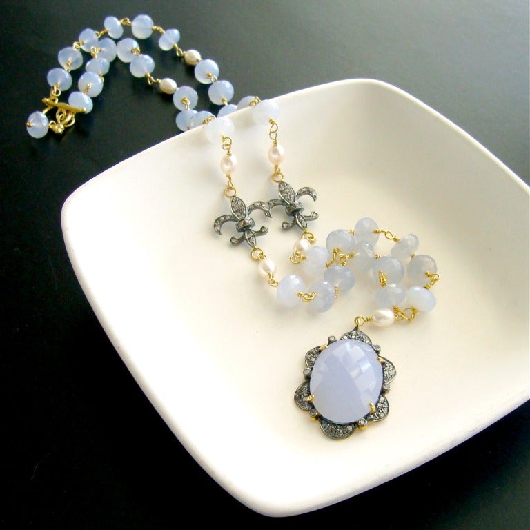 Periwinkle Blue Chalcedony Pave Diamonds Fleur de Lis Necklace - Violeta Necklace 2