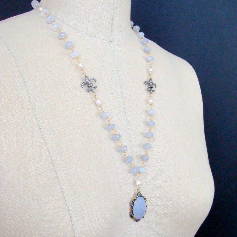 Periwinkle Blue Chalcedony Pave Diamonds Fleur de Lis Necklace - Violeta Necklace 3