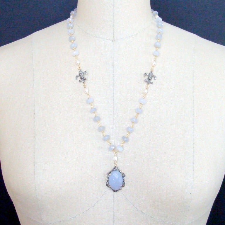 Periwinkle Blue Chalcedony Pave Diamonds Fleur de Lis Necklace - Violeta Necklace 4