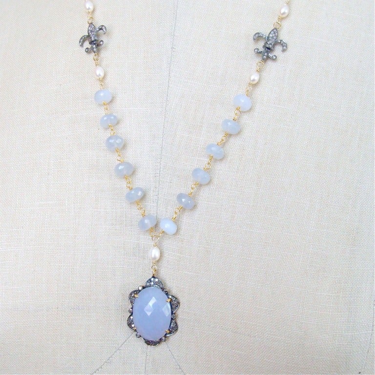 Periwinkle Blue Chalcedony Pave Diamonds Fleur de Lis Necklace - Violeta Necklace 5