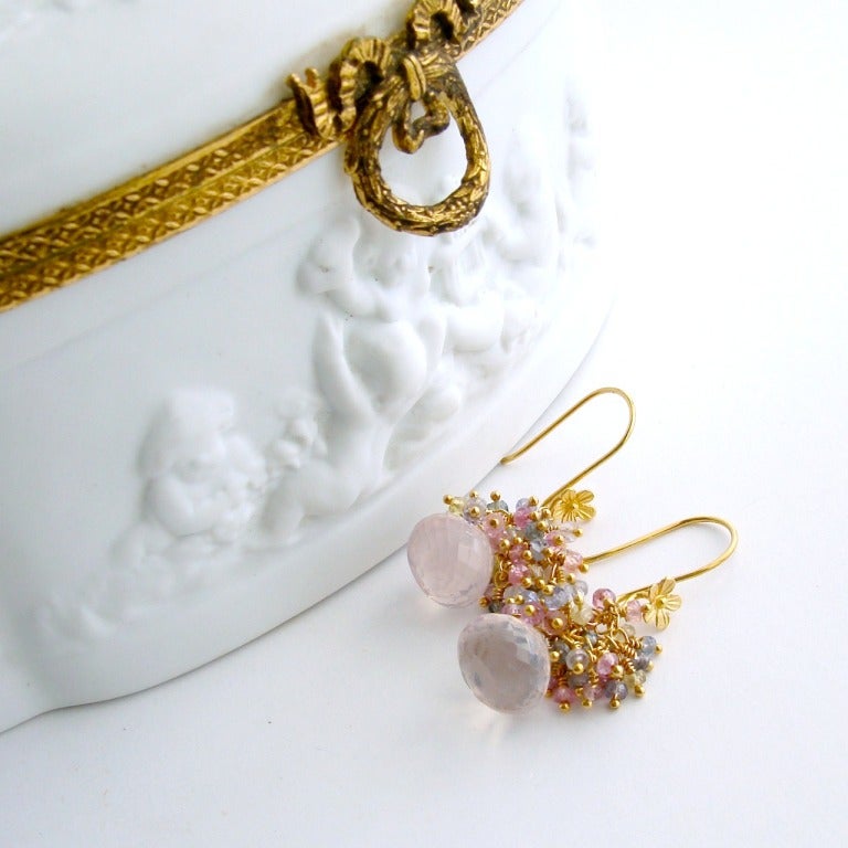 Rose Quartz Pastel Sapphire Cluster Tendril Earrings - Juliet Earrings In New Condition In Colleyville, TX