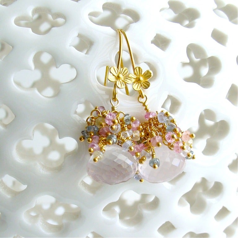 Women's Rose Quartz Pastel Sapphire Cluster Tendril Earrings - Juliet Earrings