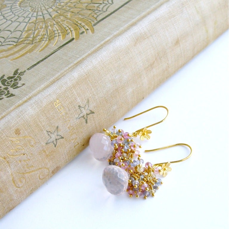 Rose Quartz Pastel Sapphire Cluster Tendril Earrings - Juliet Earrings 1