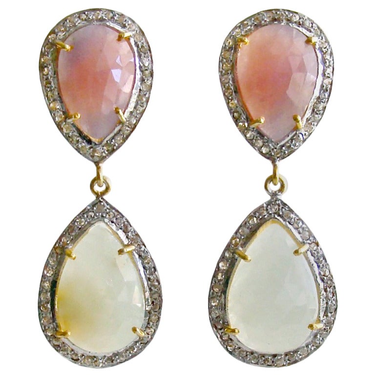 Karen Sugarman Pink Ivory Sapphire Slice Diamond Pave Piper Earrings