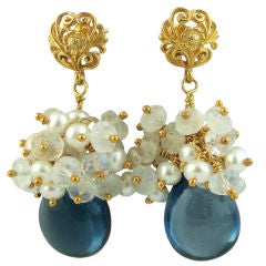 Dione - London Blue Topaz, Moonstone and Pearls Earrings