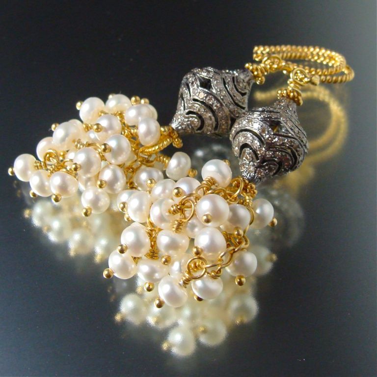 Miriam Earrings -  Diamonds, Rhodium Reticulated Beads, with Fre