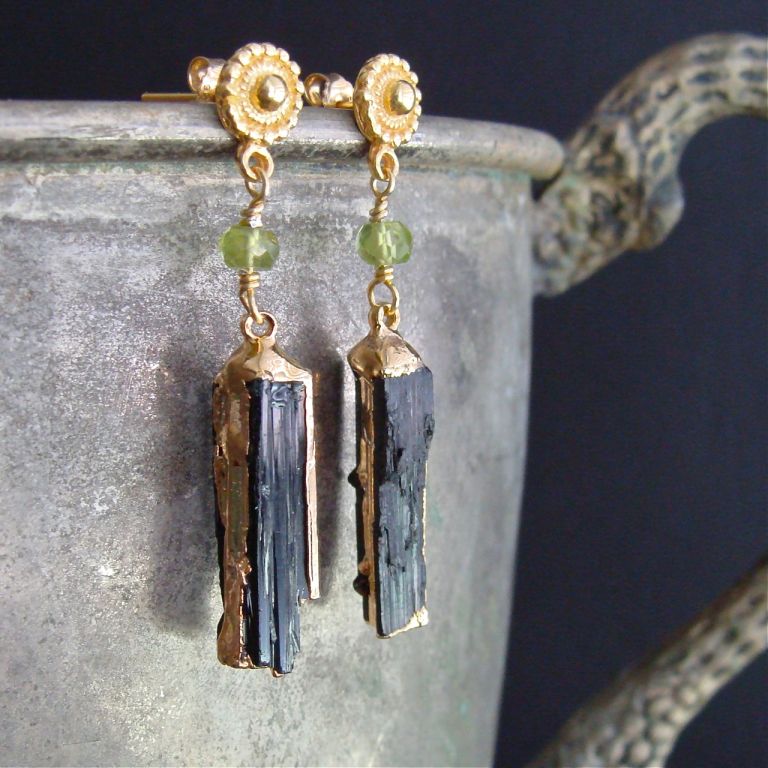 Annette Earrings - 24k Gold Chased Black Tourmaline with Peridot