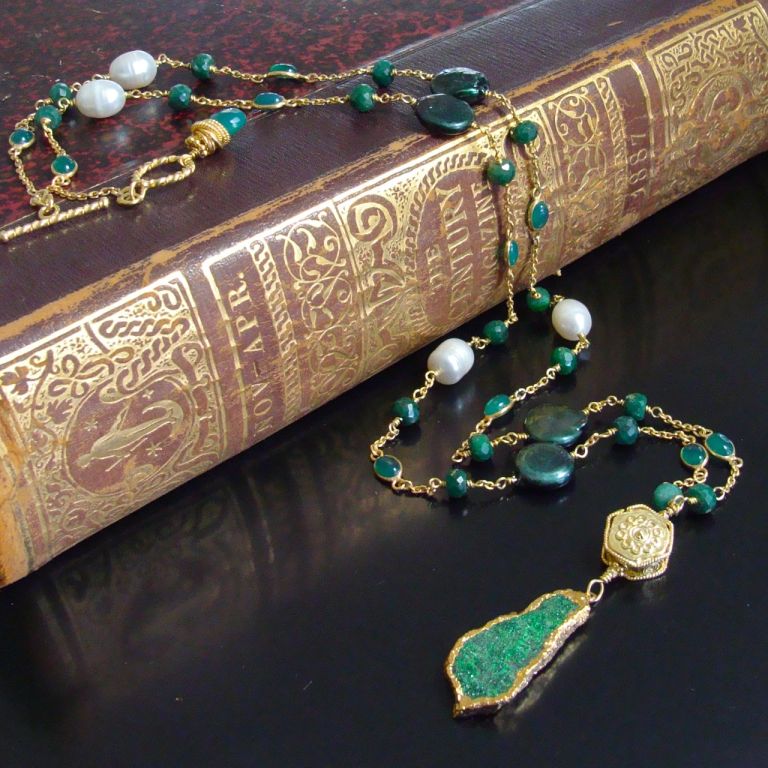 Bonnie II Necklace - Emeralds, Green Onyx and Freshwater Pearls
