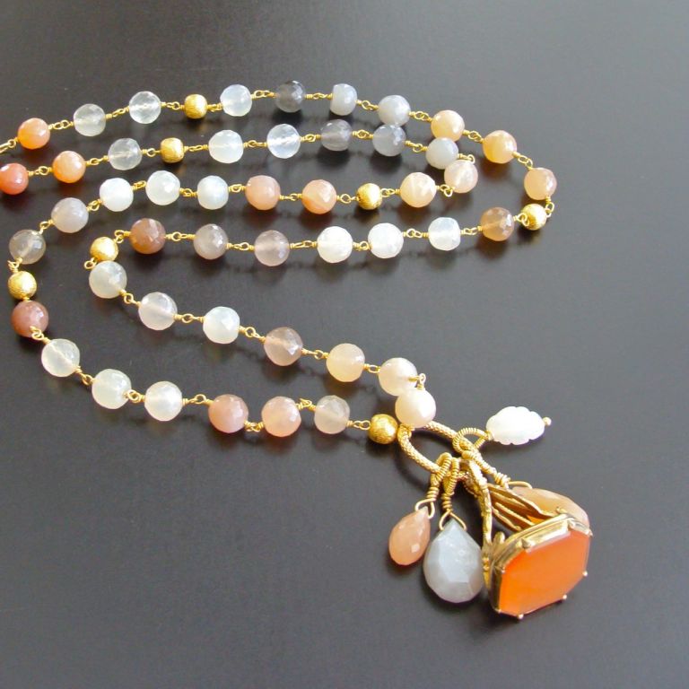 Multicored Moonstone Necklace with Antique Pinchbeck Carnelian F