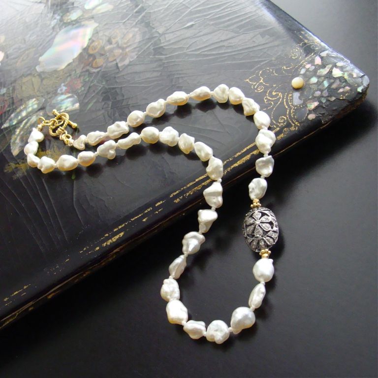 Women's Saltwater Keshi Pearls & Diamond Rhodium Silver Necklace - Emily