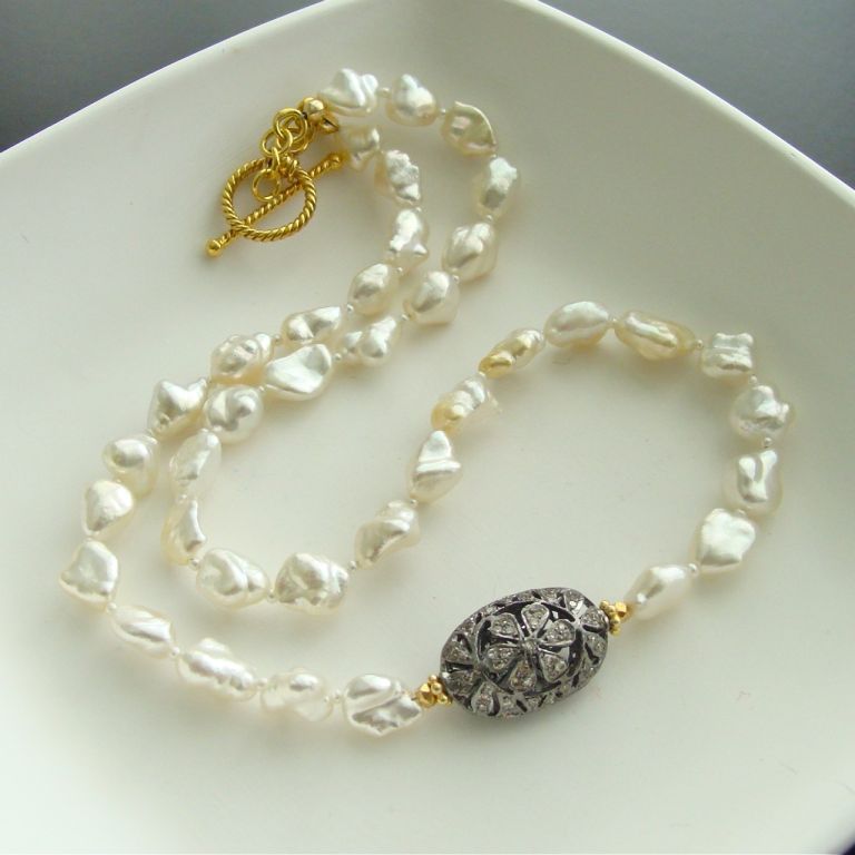 Saltwater Keshi Pearls & Diamond Rhodium Silver Necklace - Emily 1