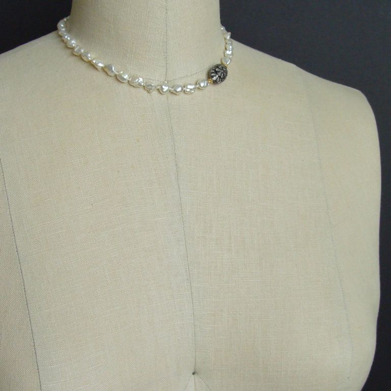 Saltwater Keshi Pearls & Diamond Rhodium Silver Necklace - Emily 2