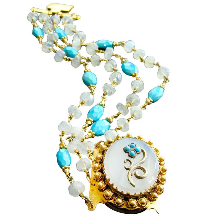 Bracelet à fermoir Pinchbeck géorgien en pierre de lune turquoise Sleeping Beauty