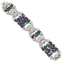 Art Deco Tutti-Frutti Emerald Ruby Sapphire Platinum Bracelet