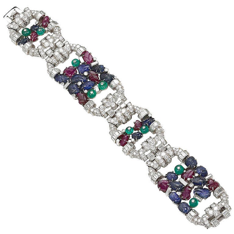 Art Deco Tutti-Frutti Emerald Ruby Sapphire Platinum Bracelet For Sale