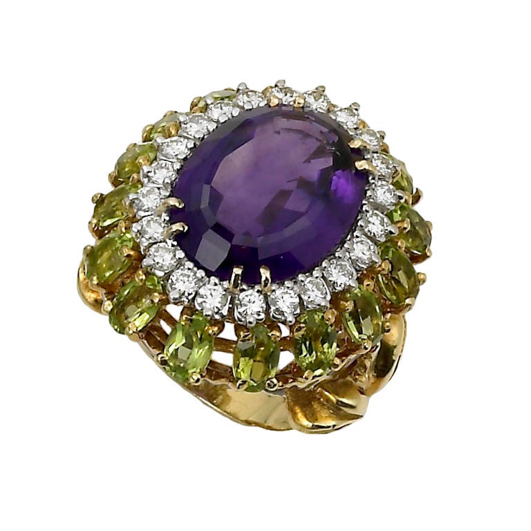 Large Amethyst Peridot Diamond Cocktail Ring For Sale
