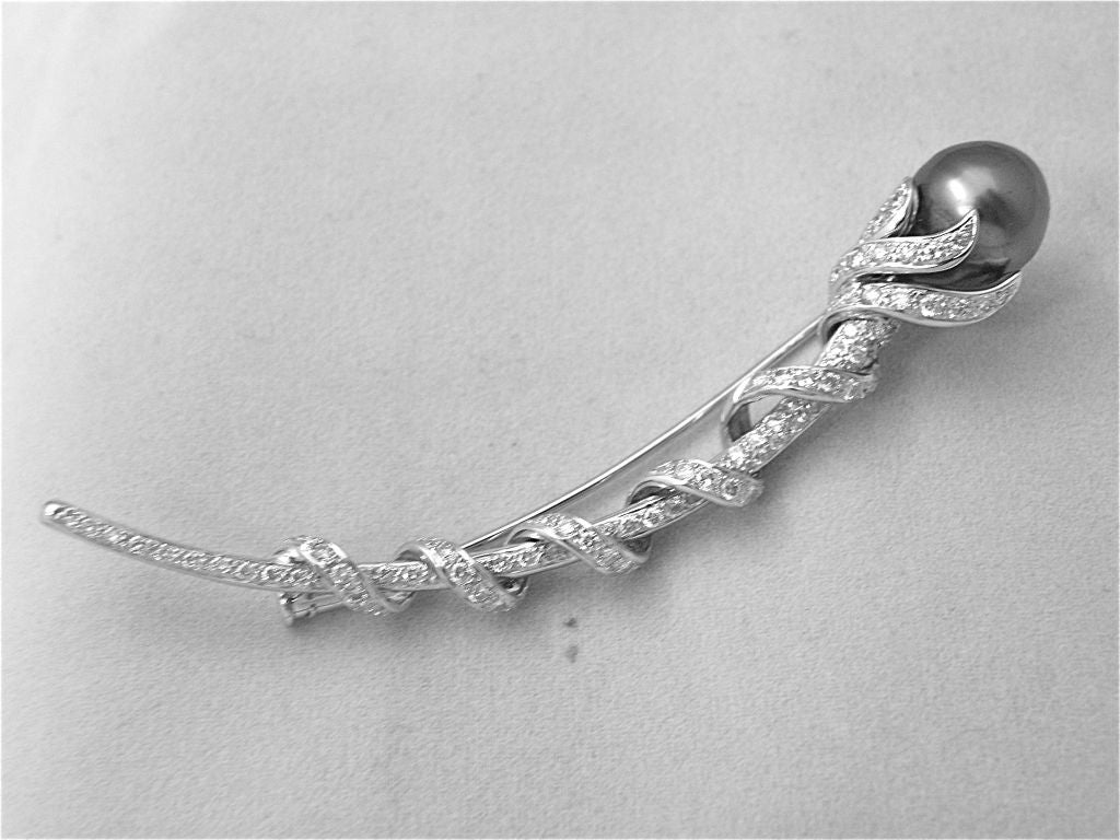 Whimsical White Gold Diamond and Pearl Brooch