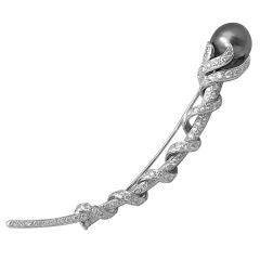 Whimsical White Gold Diamond and Pearl Brooch