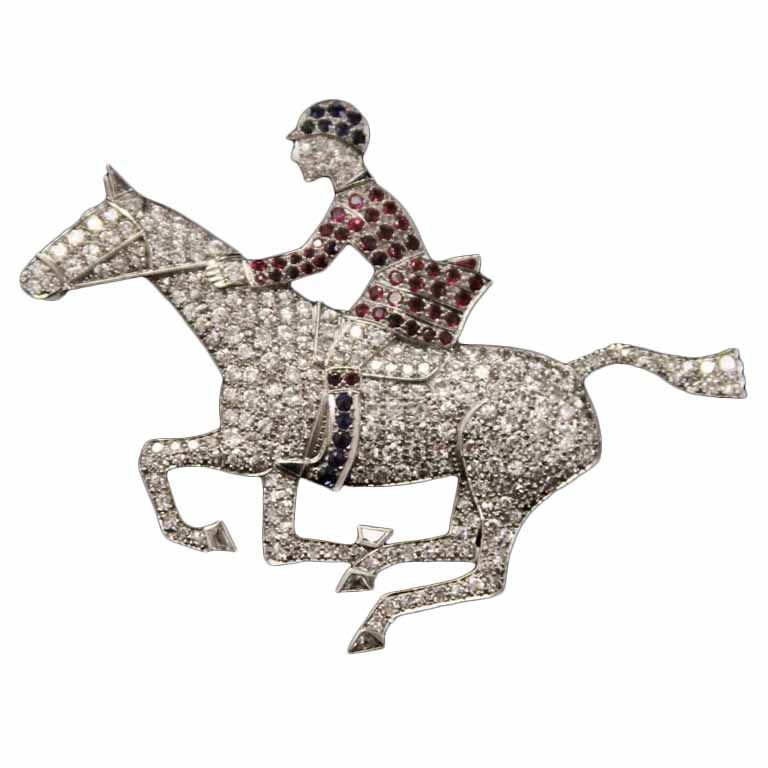 Art Deco Platinum and Diamond Horse and Jockey Brooch For Sale