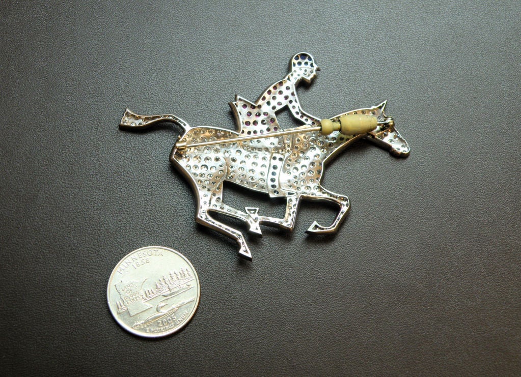 Women's Art Deco Platinum and Diamond Horse and Jockey Brooch For Sale
