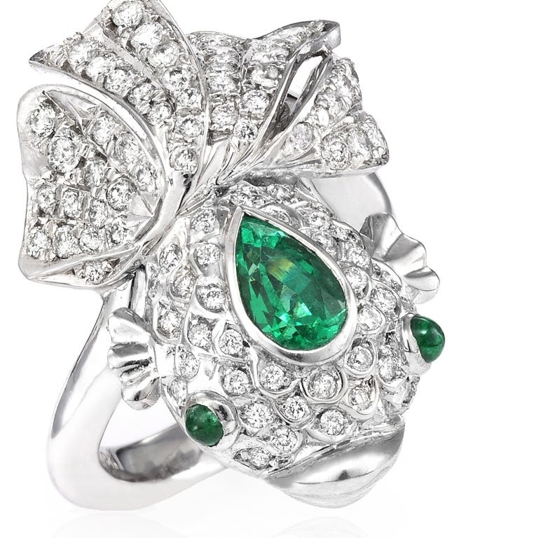 Katerina Maxine Diamond Emerald Good Luck Fish Ring