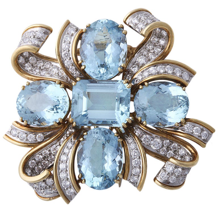 TIFFANY & CO SHLUMBERGER Diamond, Gold, and Aquamarine Brooch