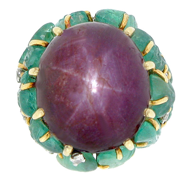 Marchak Natural Unenhanced Star Ruby Carved Emerald and Diamond Ring For Sale