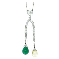 1920s Natural Unenhanced Emerald & Pearl Diamond Double Drop Necklace 7