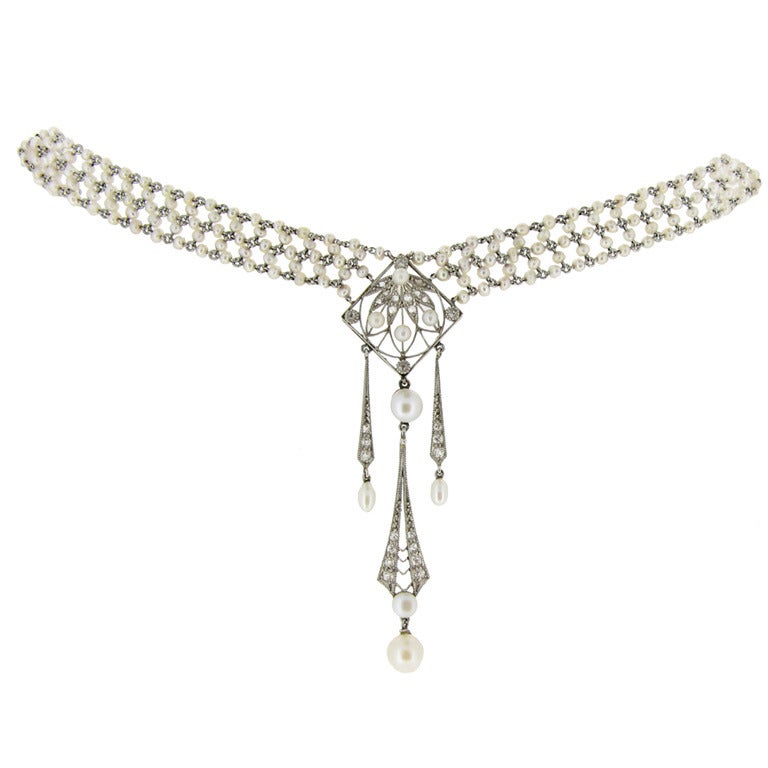 Belle Epoque Perle Diamant Sautoir um 1905 im Angebot
