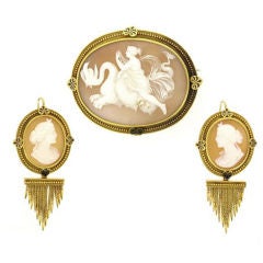 John Brogden shell cameo brooch and earrings, English, circa 1870. 9