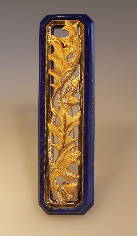 Red Oak Lapis Gold  Brooch by Thomas Herman
