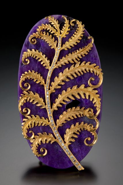 Sugalite Diamond Gold Fern Brooch by Thomas Herman