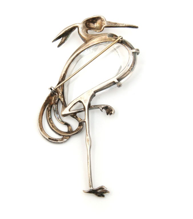 Trifari sterling silver and Lucite jelly belly stork pin.