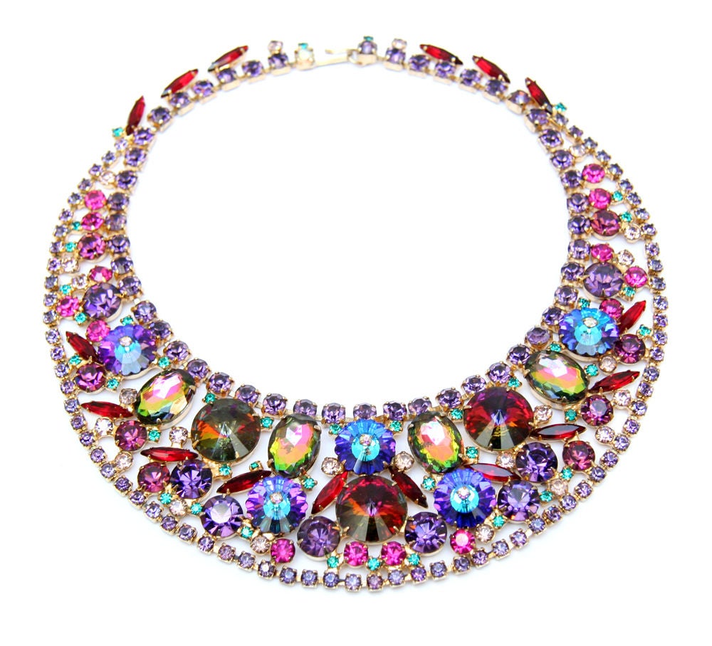 Multi-colored Juliana bib necklace with rivoli stones.