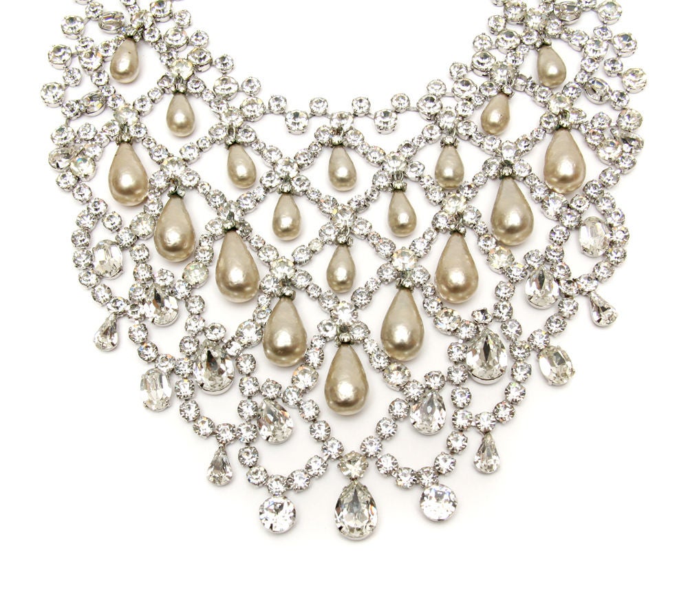 Huge Schreiner bib necklace with faux baroque pearls and clear crystals.