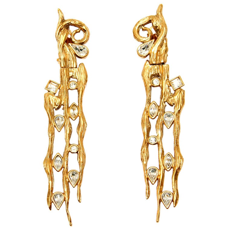 Gold and Diamante Shoulder Duster Earrings For Sale