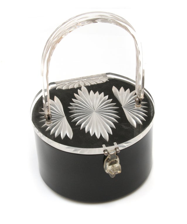 Signed Original Rialto lucite purse in black with clear reverse carved lid.